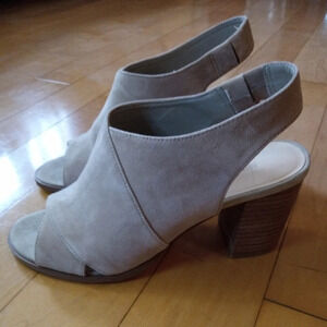 Nine West taupe suede criss cross peep toe slingback block heel shoes